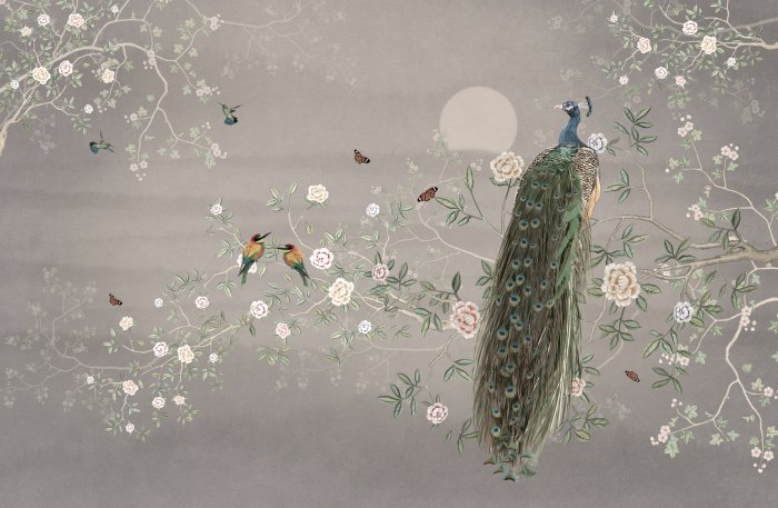 Papier peint  Paon et oiseaux sur les branches des arbres avec des fleurs