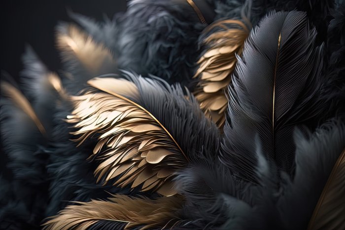 Papier peint  Une composition de plumes noires avec une décoration dorée