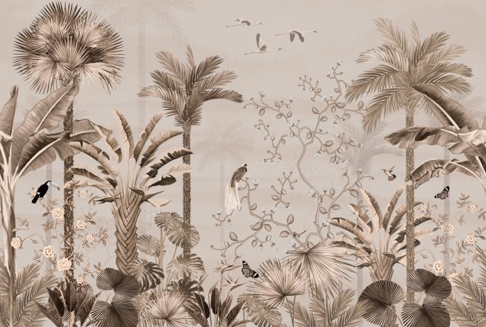 Papier peint  Palmiers et oiseaux dans la composition tropicale de la jungle