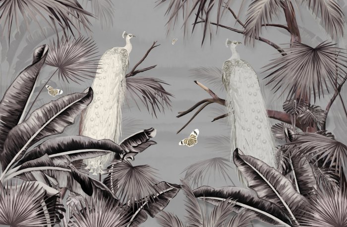 Papier peint  Paons blancs sous les tropiques