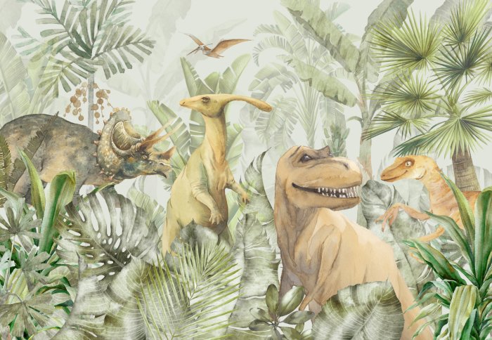 Papier peint  Composition de dinosaures et de plantes tropicales pour enfants