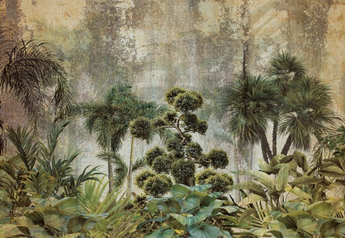 Papier peint  Végétation exotique sur fond de béton, composition verte