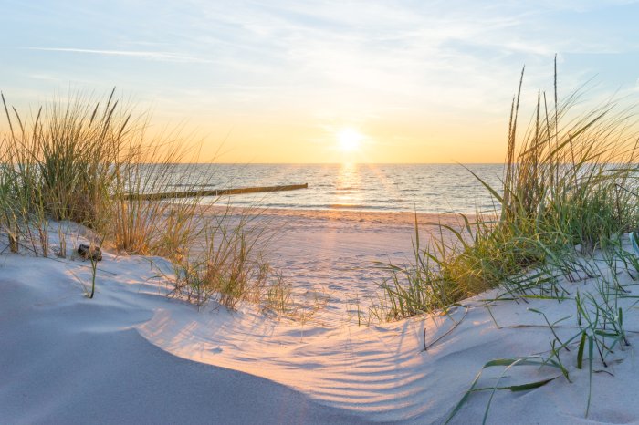 Papier peint  Dunes de sable sur la plage avec vue sur la mer et le coucher du soleil