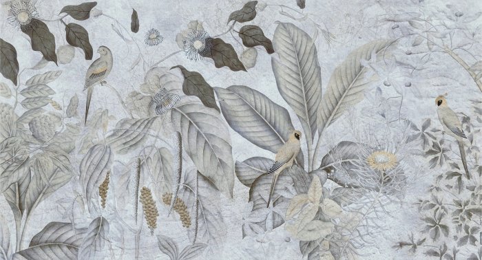 Papier peint  Composition d&#39;oiseaux sur des feuilles exotiques