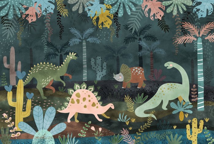 Papier peint  Dinosaures dans une forêt tropicale avec des plantes et des feuilles colorées