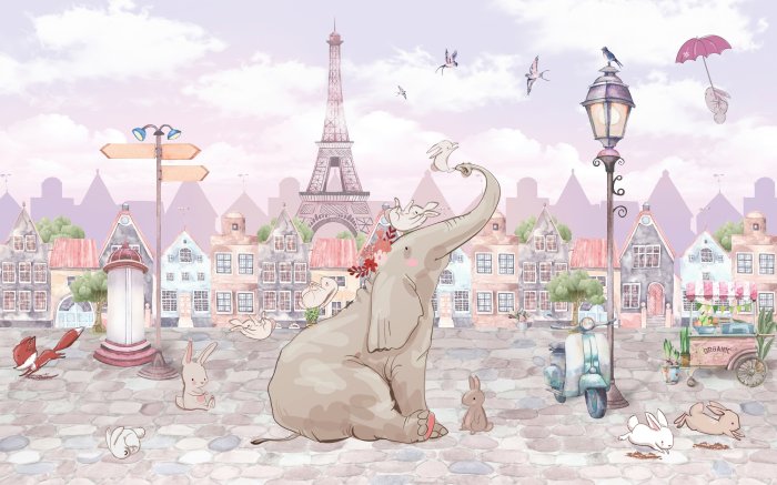 Papier peint  Éléphant et animaux à Paris avec la Tour Eiffel en arrière-plan dans un style aquarelle