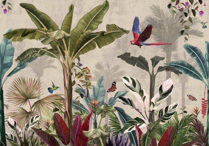Papier peint  Plantes de la jungle tropicale avec des oiseaux et des papillons