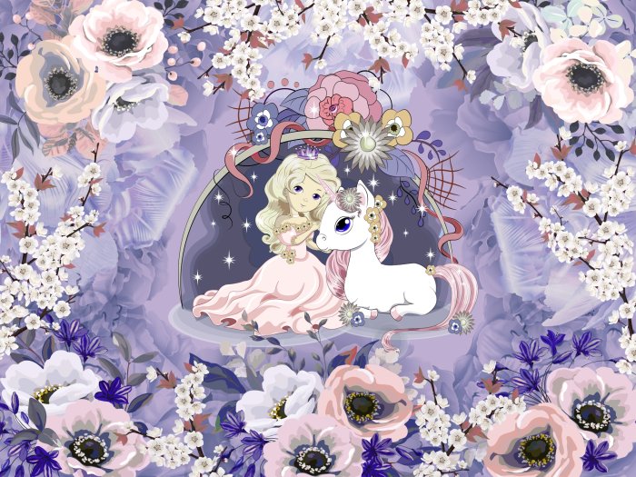 Papier peint  Princesse et licorne blanche parmi les fleurs