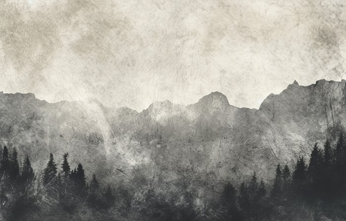 Papier peint  Un paysage minimaliste avec une forêt et des montagnes sur un fond texturé.