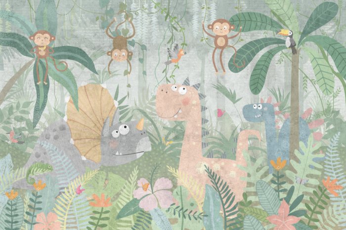 Papier peint  Dinosaures et singes parmi les plantes d&#39;une jungle tropicale