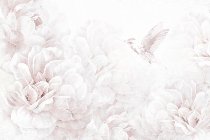 Papier peint  Un oiseau parmi des fleurs de pivoine pastel