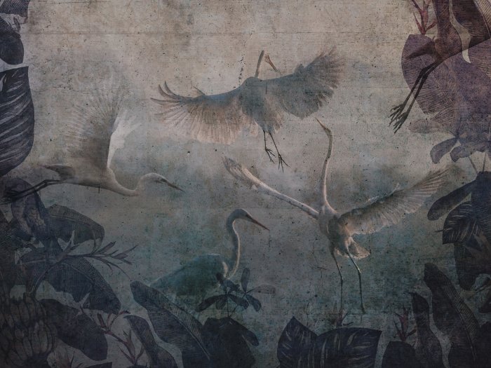 Papier peint  Oiseaux vintage et feuilles tropicales