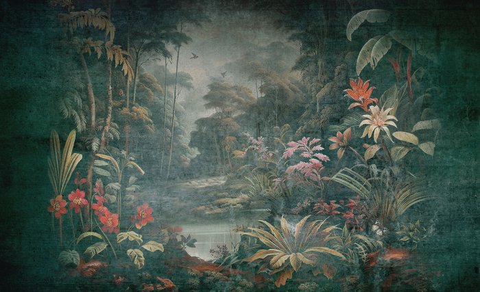 Papier peint  Paysage de lac dans la jungle dans un style vintage