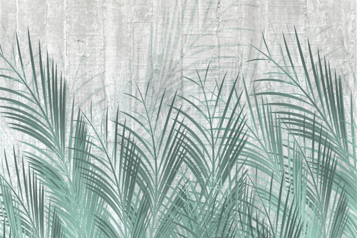 Papier peint  Feuilles de palmier vertes sur fond de béton gris