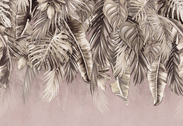 Papier peint  Feuilles tropicales suspendues au-dessus sur un fond pastel