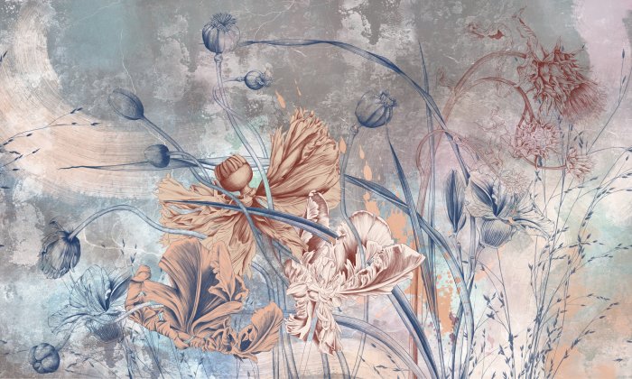 Papier peint  Fleurs sauvages et coquelicots sur un fond de béton de style industriel