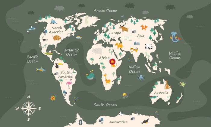 Papier peint  Une carte du monde pour enfants avec des animaux sur fond vert
