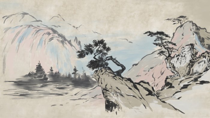 Papier peint  Arbres sur rochers avec montagnes en arrière-plan, paysage de style chinois