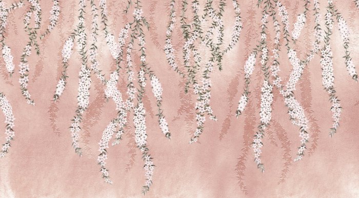 Papier peint  Branches de plantes à fleurs blanches sur fond rose