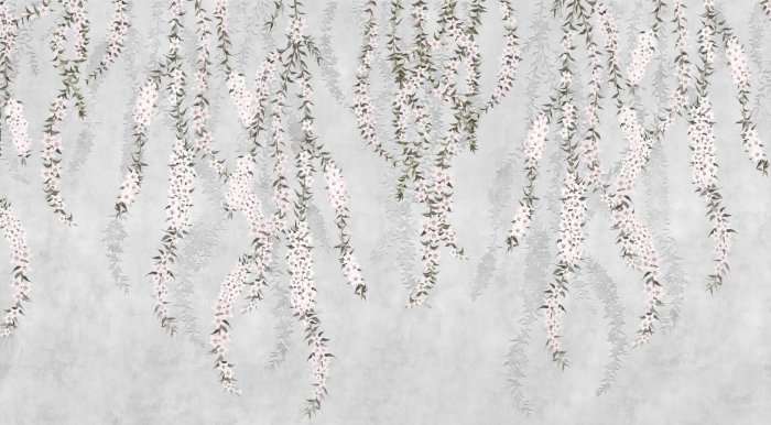 Papier peint  Branches fleuries avec des fleurs sur fond gris