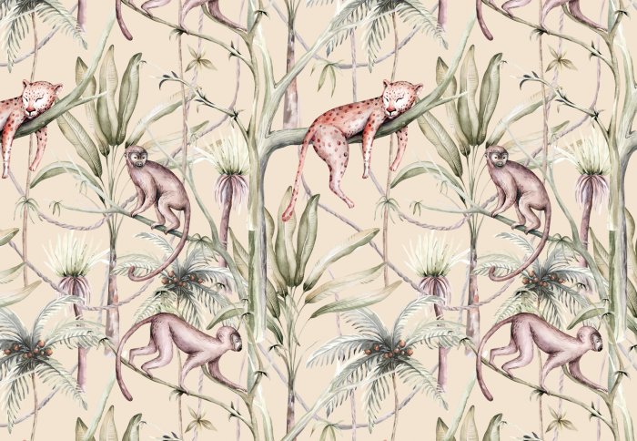 Papier peint  Chats et singes sauvages sur des plantes tropicales