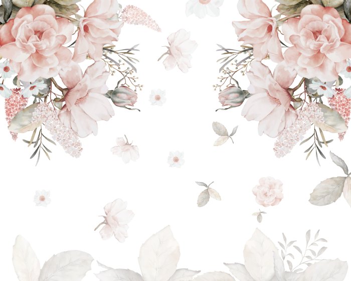 Papier peint  Aquarelle de fleurs et de feuilles sur fond blanc