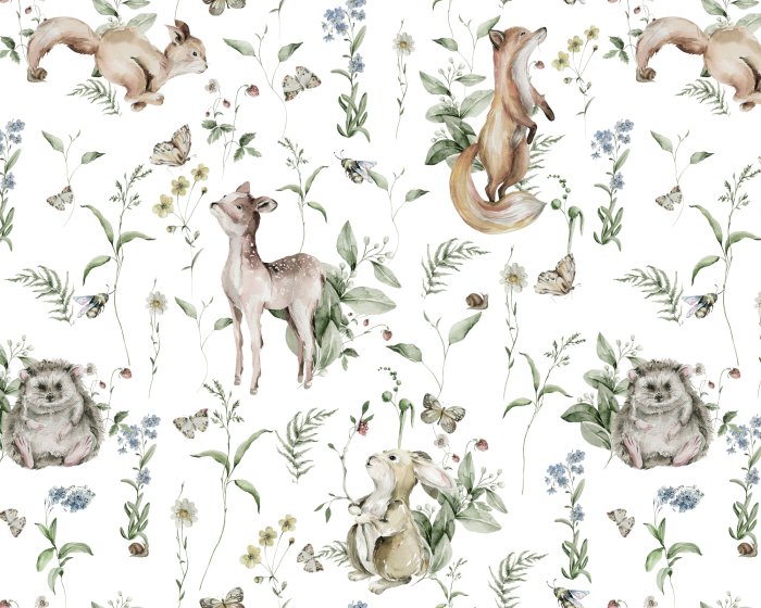 Papier peint  Animaux et plantes de la forêt à l&#39;aquarelle