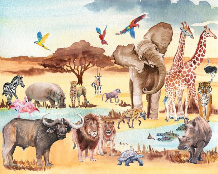 Papier peint  Paysage à l&#39;aquarelle d&#39;un animal de safari