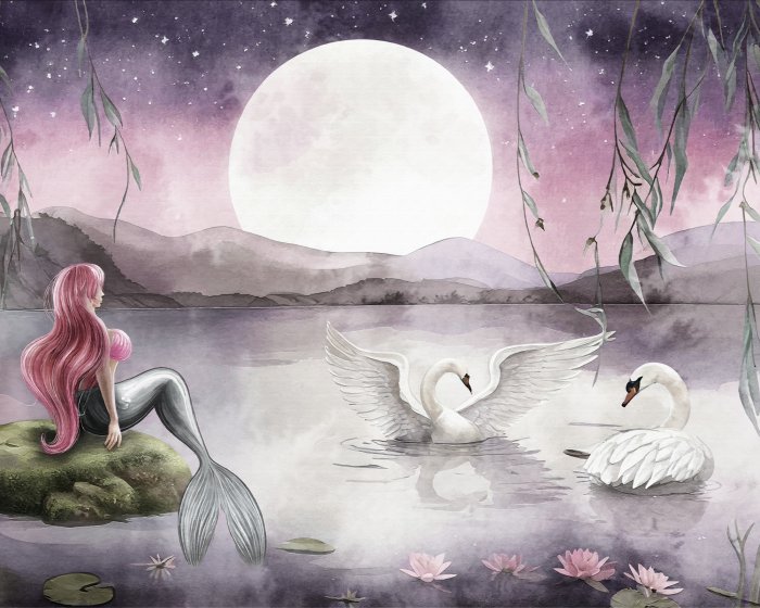 Papier peint  Motif aquarelle sirène et cygnes à la pleine lune