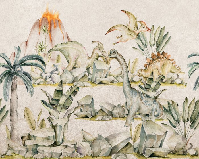Papier peint  Paysage avec des dinosaures parmi des plantes et un volcan