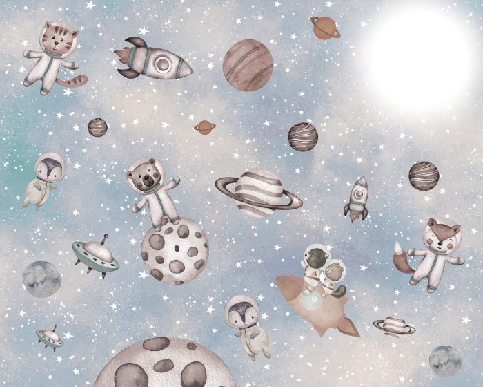 Papier peint  Animaux et planètes sur fond étoilé