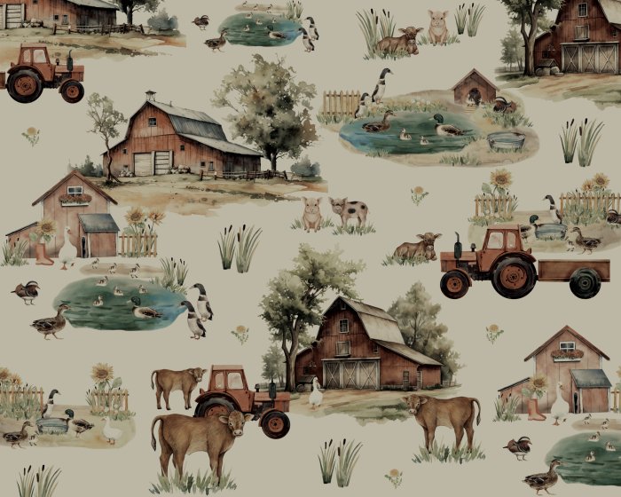 Papier peint  Ferme aquarelle avec animaux