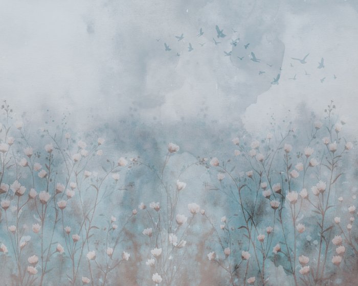 Papier peint  Fleurs sauvages et oiseaux sur fond aquarelle