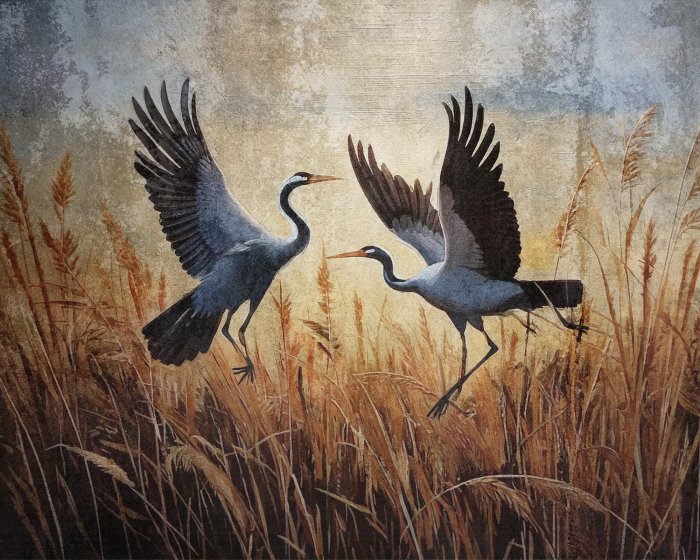 Papier peint  Hérons et plantes dans la prairie