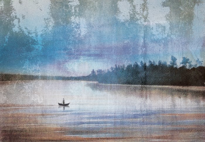 Papier peint  Paysage d&#39;un bateau sur un lac avec un effet béton