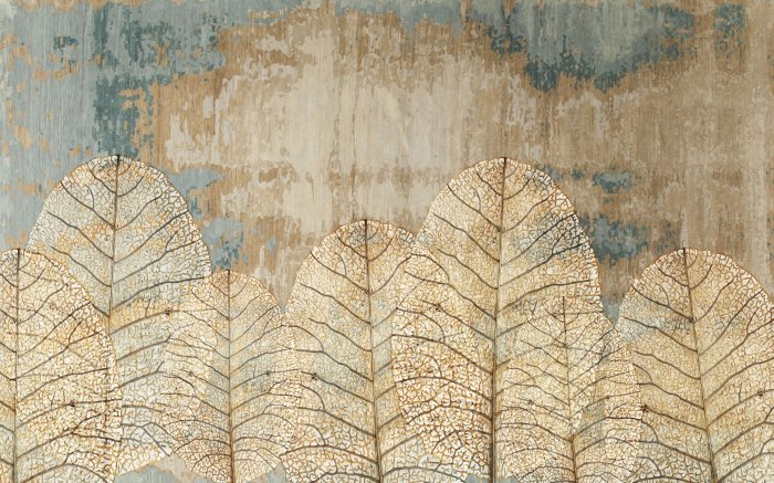 Papier peint  Feuilles 3D sur fond texturé effet béton