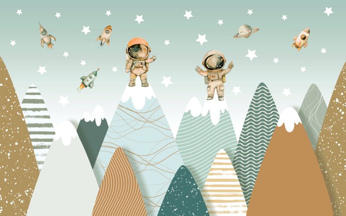Papier peint  Cosmonautes et paysage de montagne en 3D