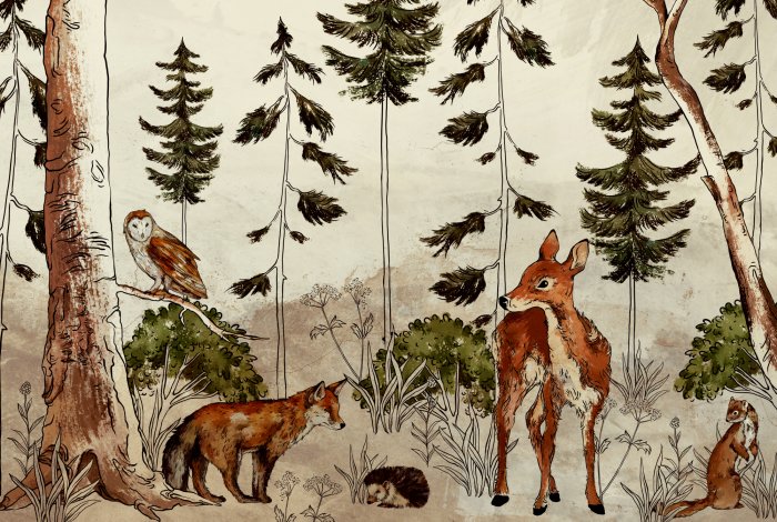 Papier peint  Animaux sauvages dans une forêt à l&#39;aquarelle