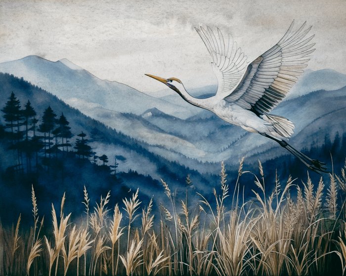 Papier peint  Un héron sur un paysage de montagne à l&#39;aquarelle