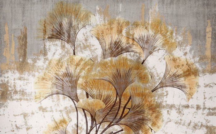 Papier peint  Feuilles de ginkgo sur fond texturé