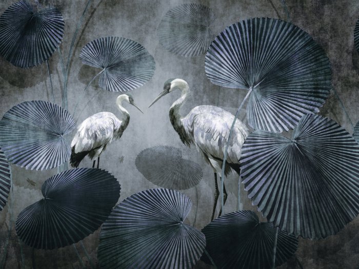 Papier peint  Grues blanches parmi les feuilles tropicales