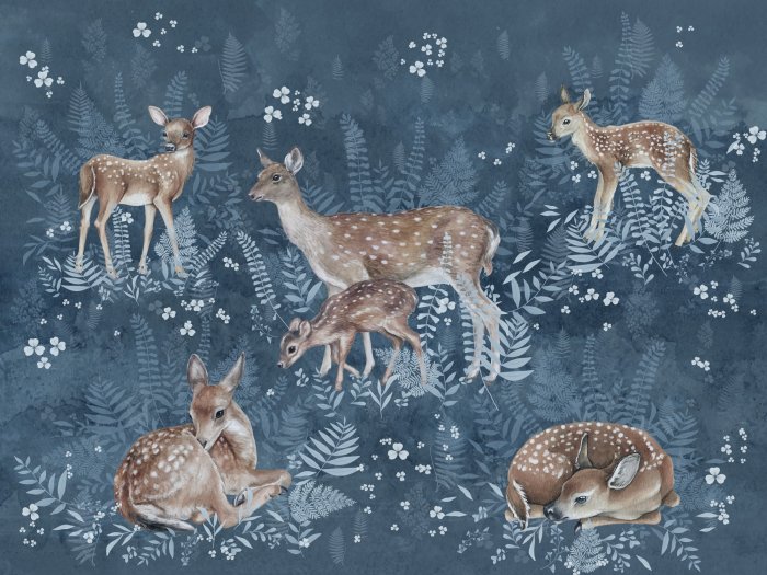 Papier peint  Motif aquarelle de cerfs et de feuilles de fougère