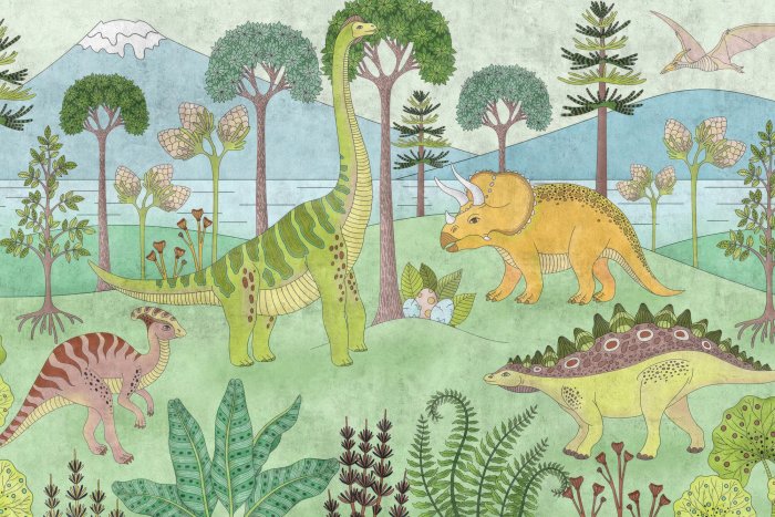 Papier peint  Un paysage de conte de fées pour enfants avec des dinosaures