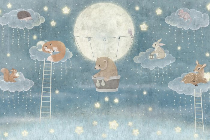 Papier peint  Animaux sur des nuages avec un ciel étoilé en arrière-plan