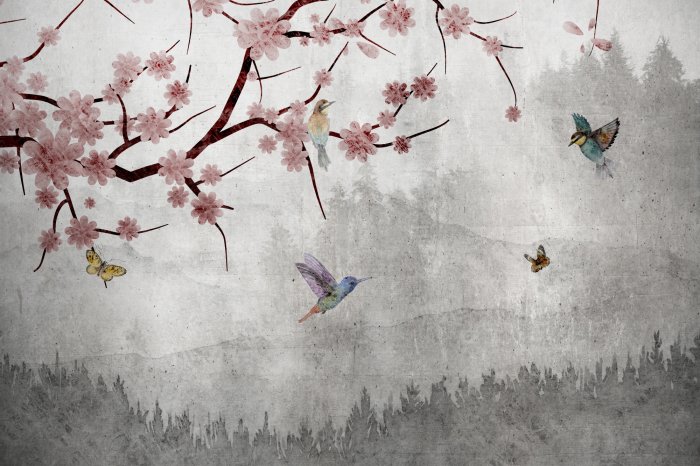 Papier peint  Fleurs roses et oiseaux sur un paysage gris