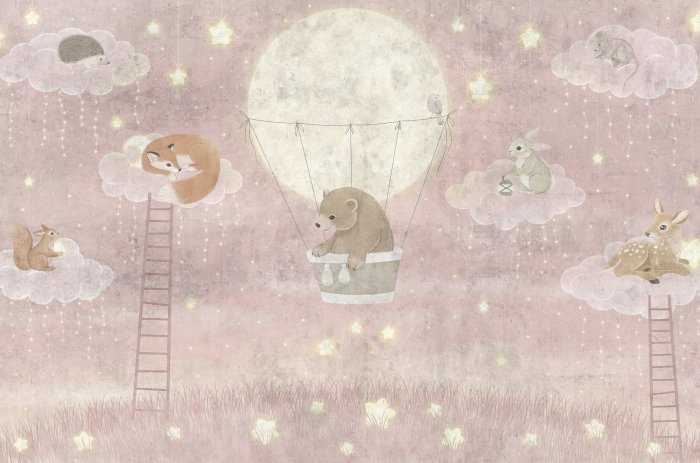 Papier peint  Animaux sur fond de ciel rose - illustration pour enfants