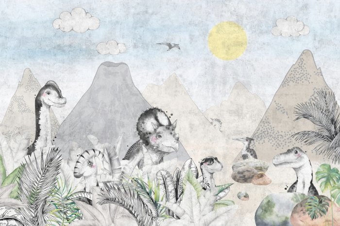 Papier peint  Des dinosaures dans un pays de conte de fées avec des volcans