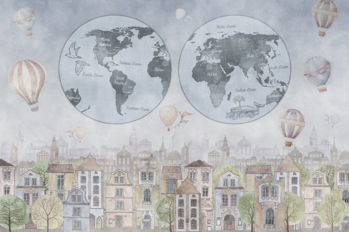 Papier peint  Carte du monde et ballons sur une illustration de maisons colorées