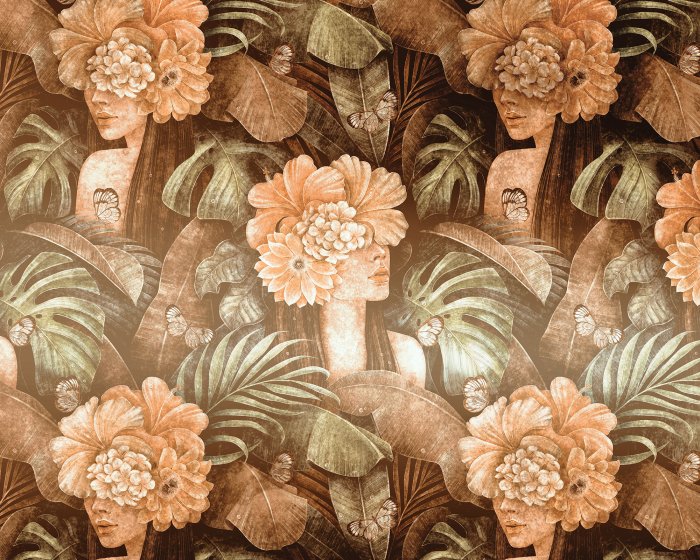 Papier peint  Motif vintage avec des femmes parmi des fleurs