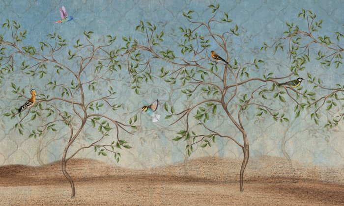 Papier peint  Oiseaux et arbres avec des formes géométriques en arrière-plan